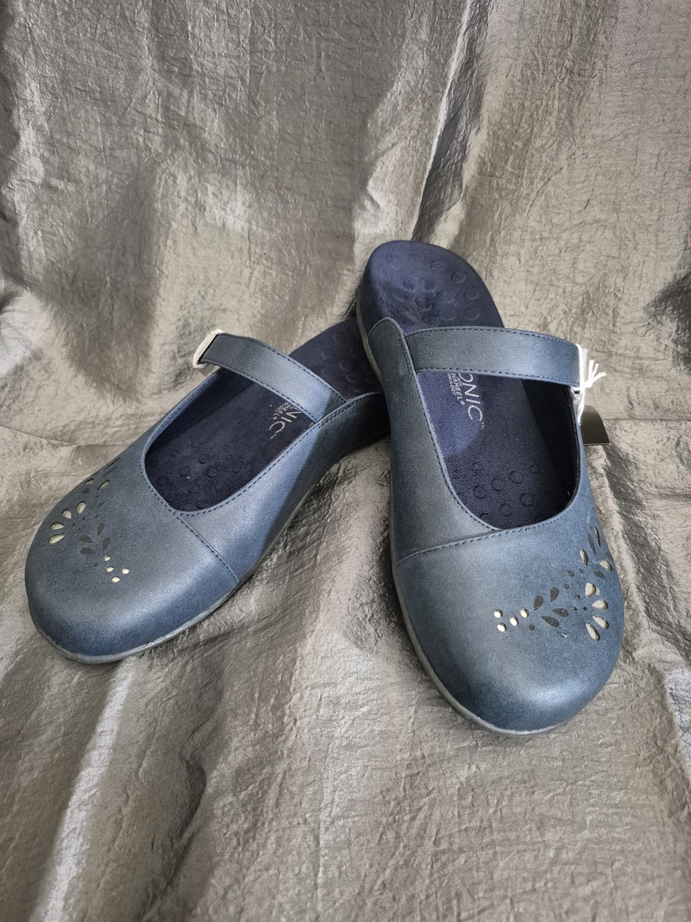 Vionic Lidia Navy Suede Mary Jane Laser Cut Clog Mules Size 11